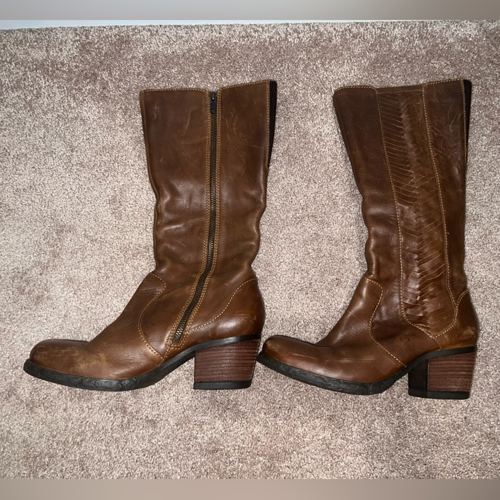 Borne tall brown side zip chunk heeled boots, size 9
